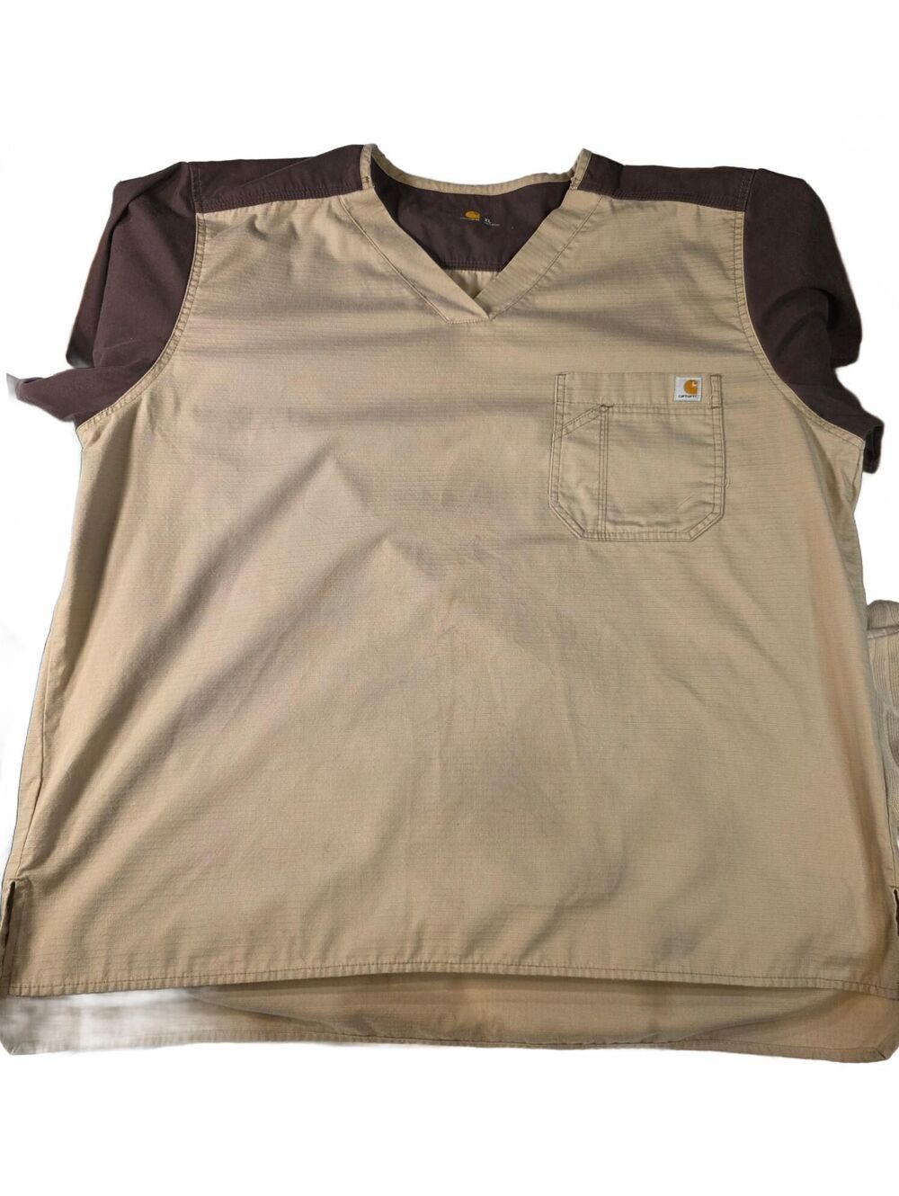 Carhartt Men's XL Short Sleeve Work Shirt Beige Brown V-Neck Pocket